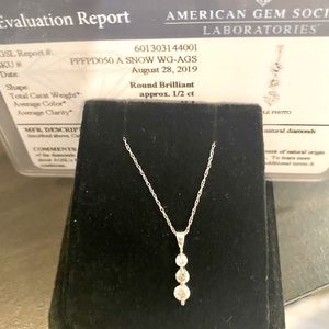Genuine 1/2 carat diamond three stone white gold pendant necklace w/ paperwork